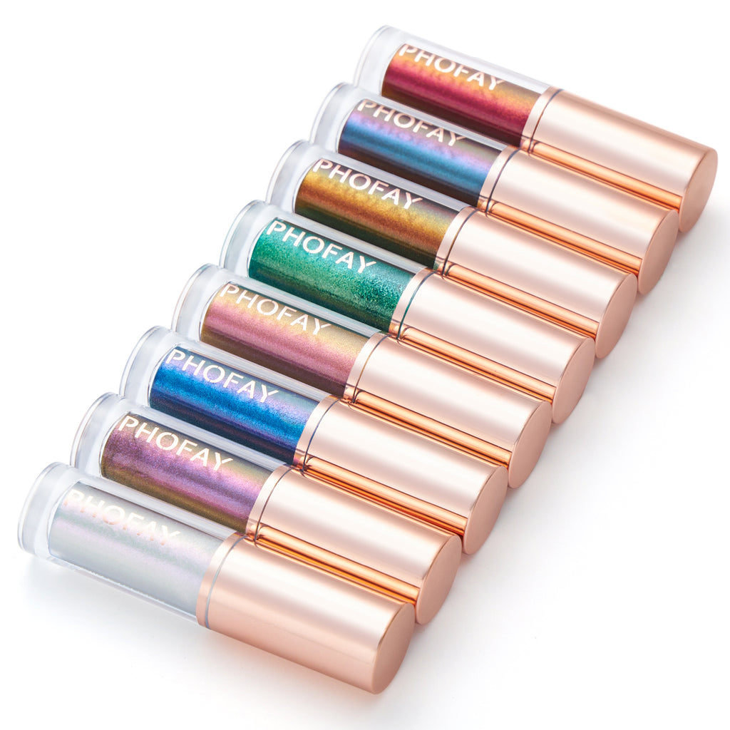 Eight PHOFAY liquid glitter eyeliners in various vibrant, shimmering colors with metallic rose gold caps on white.