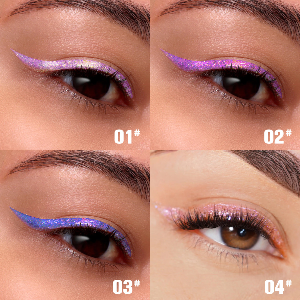 Four close-ups showing PHOFAY liquid glitter eyeliner in shades of iridescent purple, pink, and blue on eyelids.