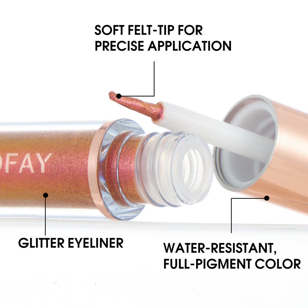 PHOFAY bronze liquid glitter eyeliner with felt-tip applicator and callouts for its water-resistant, pigmented formula.