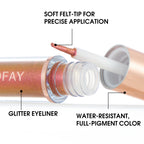 PHOFAY bronze liquid glitter eyeliner with felt-tip applicator and callouts for its water-resistant, pigmented formula.