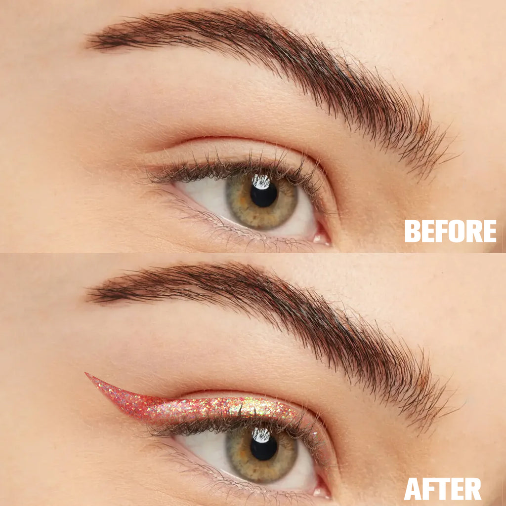 Before and after close-up of a person wearing iridescent pink liquid glitter eyeliner in a sharp winged style.