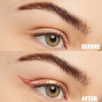 Before and after close-up of a person wearing iridescent pink liquid glitter eyeliner in a sharp winged style.