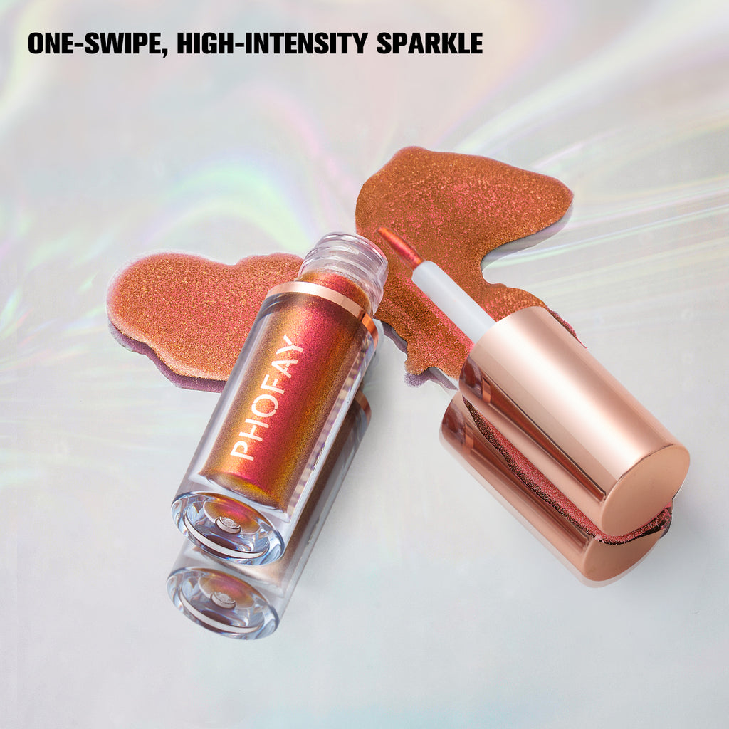 PHOFAY liquid glitter eyeliner in copper-red, with matching applicator and swatch on a holographic background.