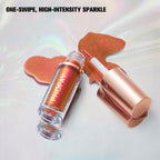 PHOFAY liquid glitter eyeliner in copper-red, with matching applicator and swatch on a holographic background.