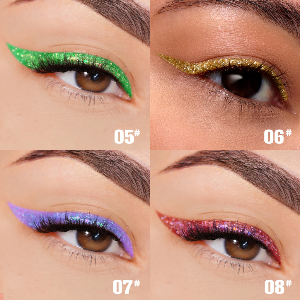 Four eyes showcasing PHOFAY liquid glitter eyeliner in green, gold, purple, and red with a winged, sparkling finish.