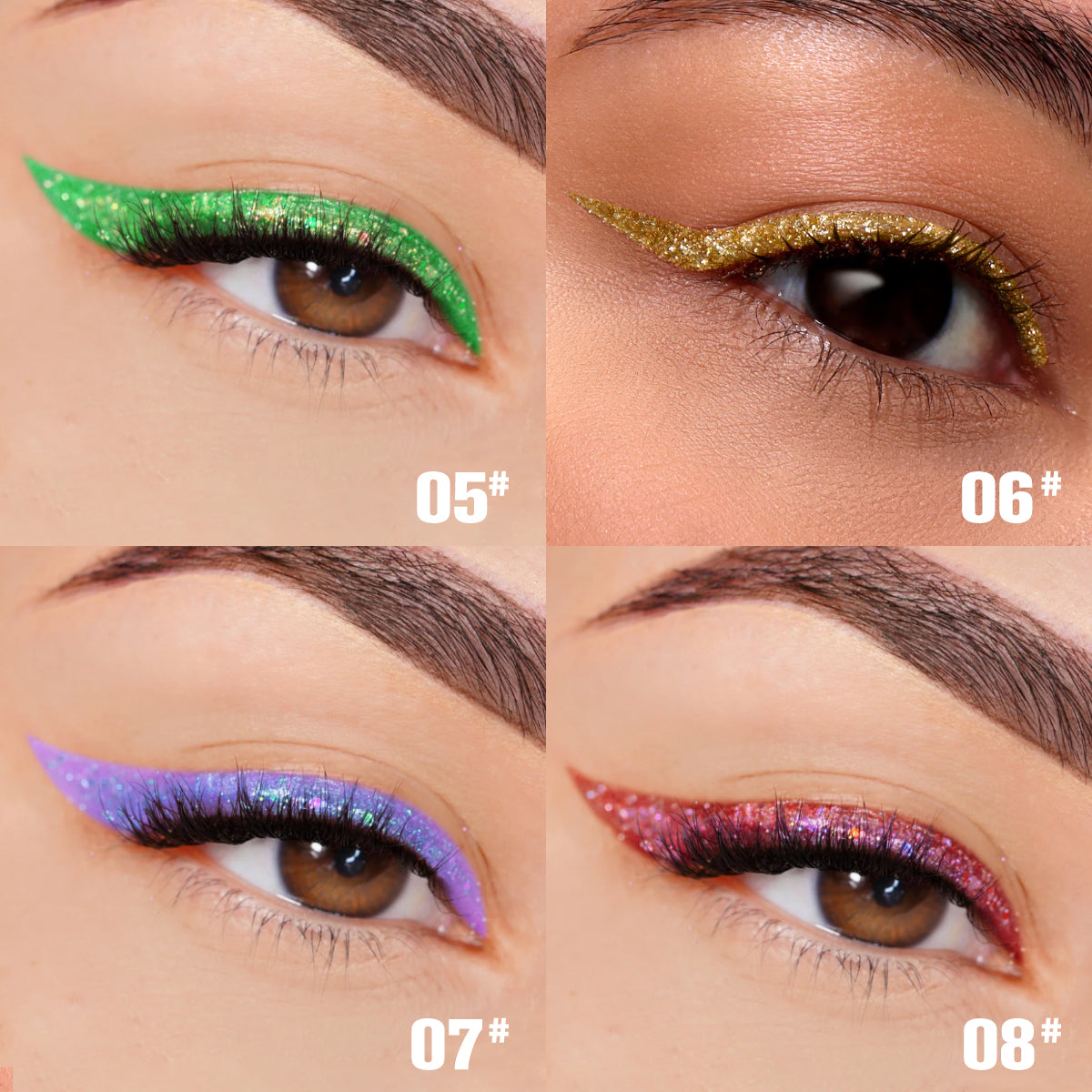Four eyes showcasing PHOFAY liquid glitter eyeliner in green, gold, purple, and red with a winged, sparkling finish.