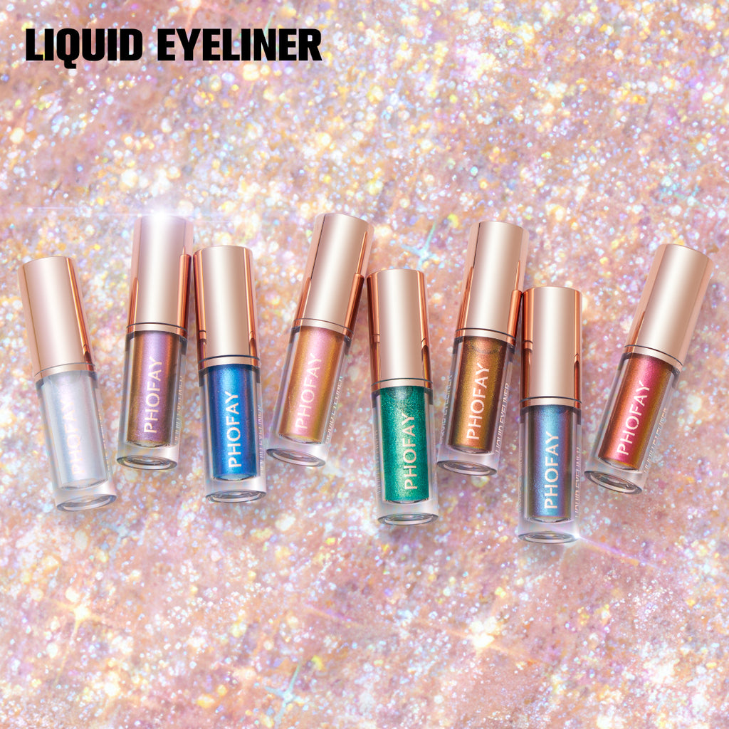 PHOFAY liquid glitter eyeliners in various shimmering metallic colors with rose gold caps on a sparkly background.