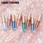 PHOFAY liquid glitter eyeliners in various shimmering metallic colors with rose gold caps on a sparkly background.