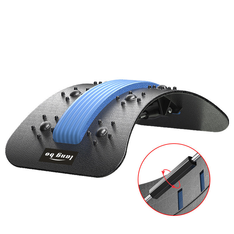 Black lumbar back stretcher with blue foam strip, massage nodes, and an adjustable screw mechanism.