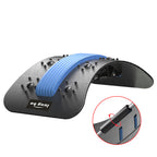 Black lumbar back stretcher with blue foam strip, massage nodes, and an adjustable screw mechanism.