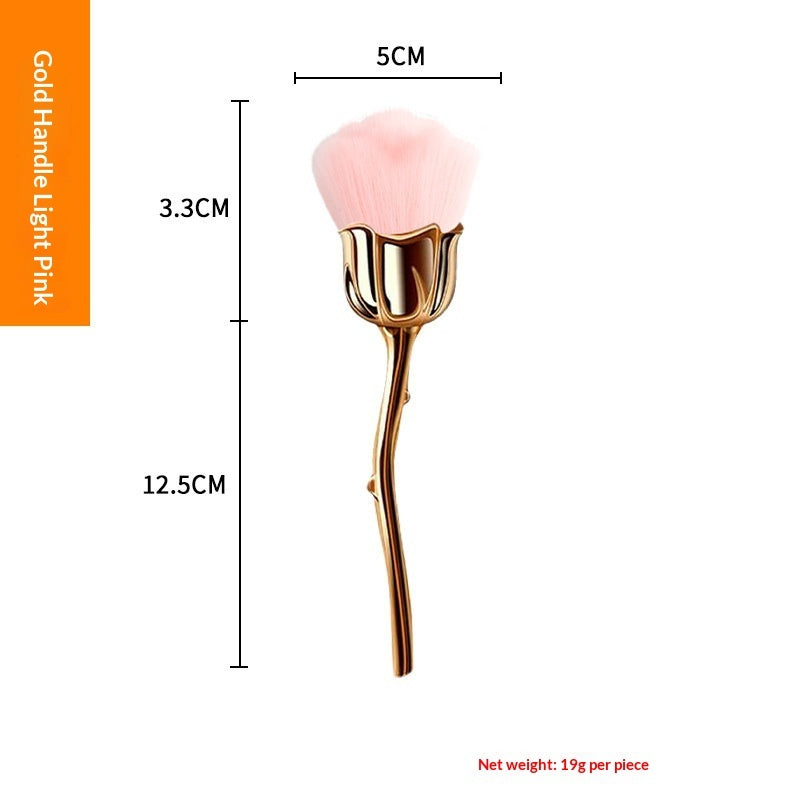 A gold rose-shaped handle makeup brush with soft, light pink bristles, showing dimensions in centimeters.