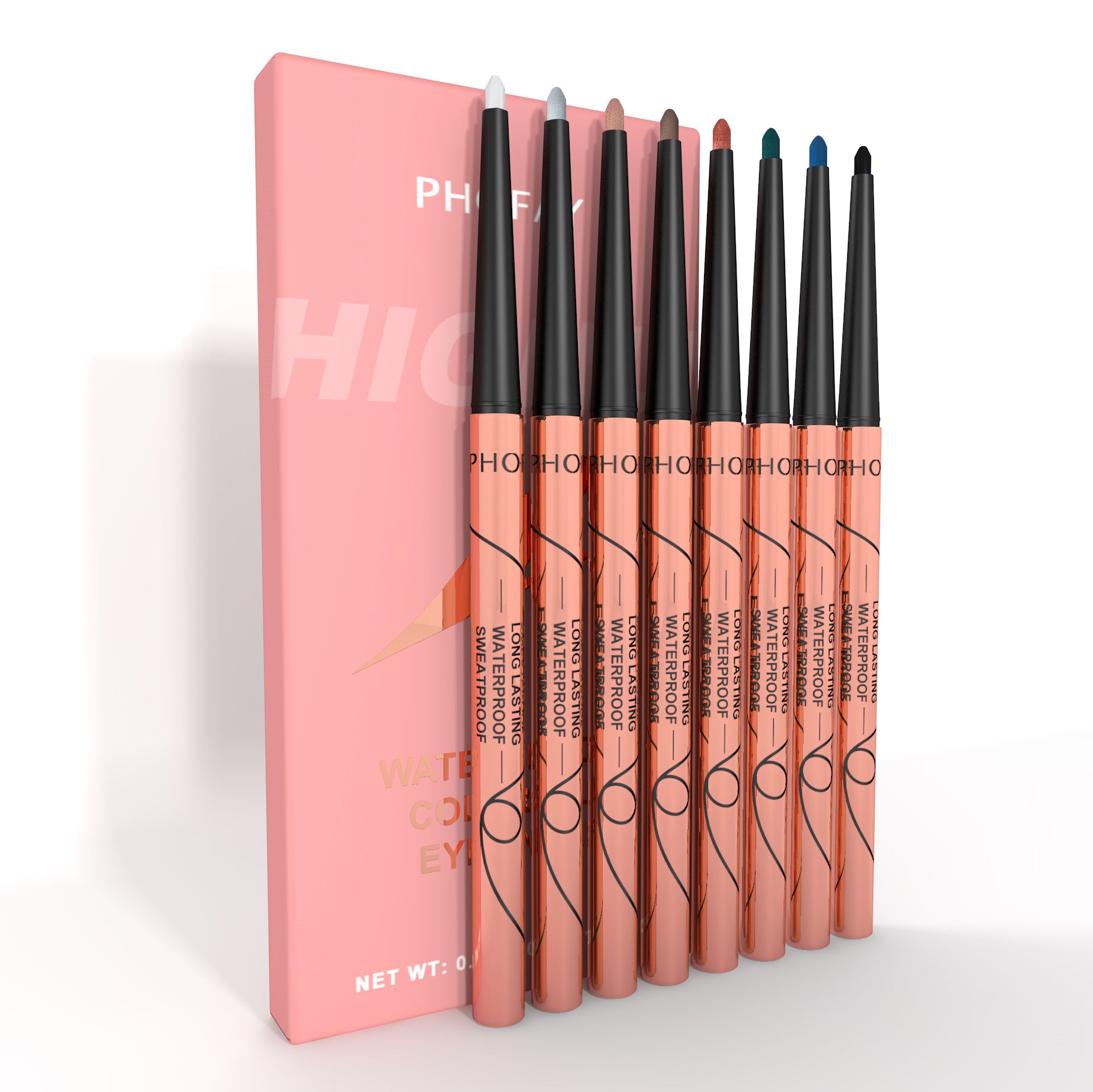 PHOFAY waterproof eyeliner set with eight slim, colorful pencils in a metallic rose gold finish against a pink box.