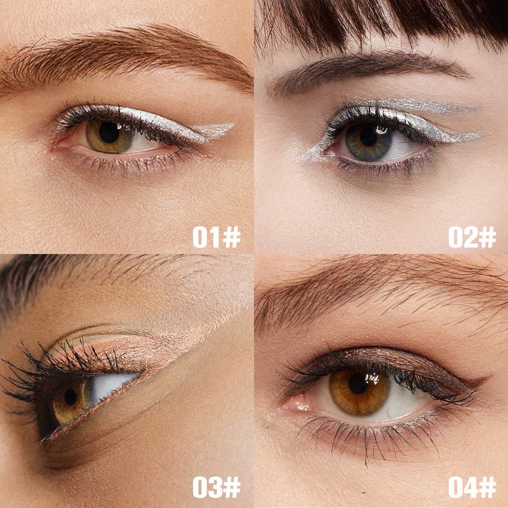 Four close-up photos of eyes wearing metallic, waterproof colorful eyeliners in silver, bronze, gold, and brown shades.