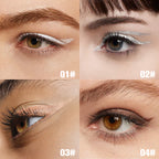 Four close-up photos of eyes wearing metallic, waterproof colorful eyeliners in silver, bronze, gold, and brown shades.