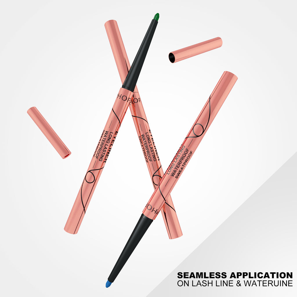 Rose gold Phofay waterproof eyeliner pens with colorful tips, featuring long-lasting, sweatproof, seamless application.