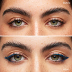Before and after comparison of eyes showing bold, waterproof blue liquid eyeliner application.