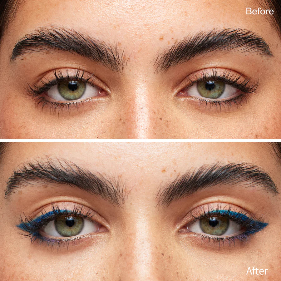 Before and after comparison of eyes showing bold, waterproof blue liquid eyeliner application.