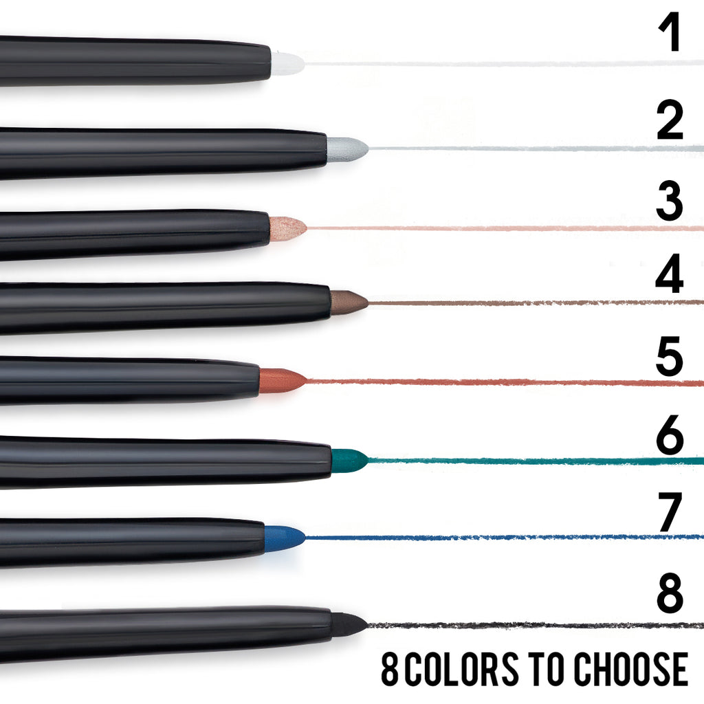 Eight waterproof eyeliner pencils in black casings with vibrant swatches ranging from white and metallic to bold colors.