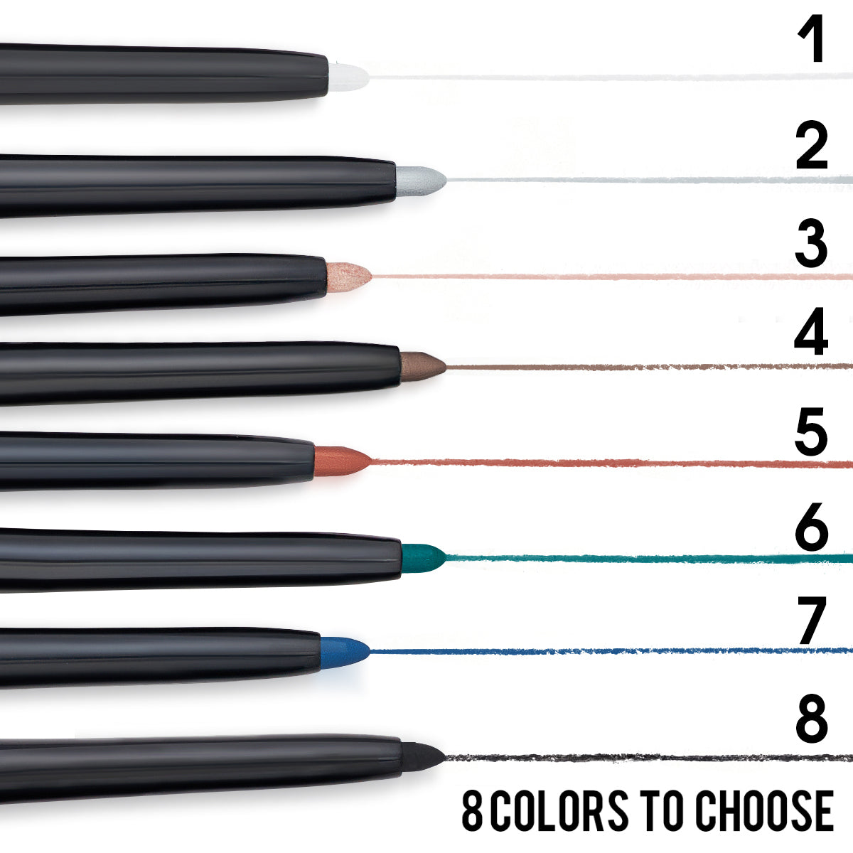 Eight waterproof eyeliner pencils in black casings with vibrant swatches ranging from white and metallic to bold colors.
