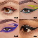 Four close-ups showing PHOFAY waterproof colorful eyeliner in metallic red, green, neon yellow, blue, and black styles.
