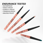 Five colorful eyeliner pencils with rose gold casings, highlighted as waterproof, sweat-proof, and smudge-proof.