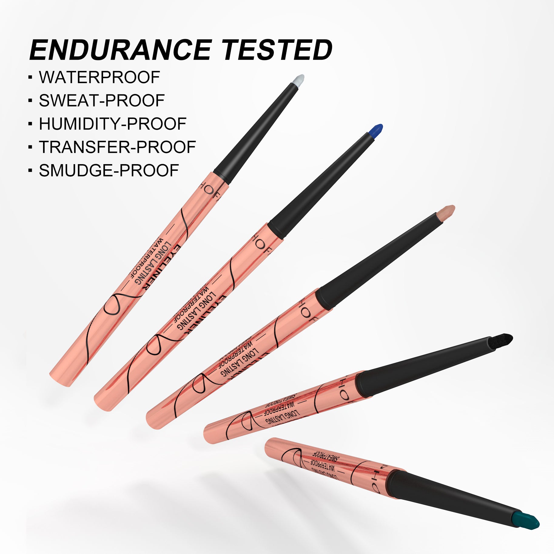 Five colorful eyeliner pencils with rose gold casings, highlighted as waterproof, sweat-proof, and smudge-proof.