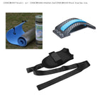 A black fabric foot rehabilitation strap, a blue-and-black lumbar spine stretcher, and a rolled-up blue camping mat.