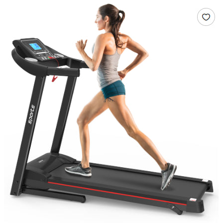 A woman jogs on a black foldable electric treadmill with an LCD screen and red accents against a white background.