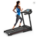 Woman running on a black, foldable electric treadmill with an LCD screen and red accents, against a white background.