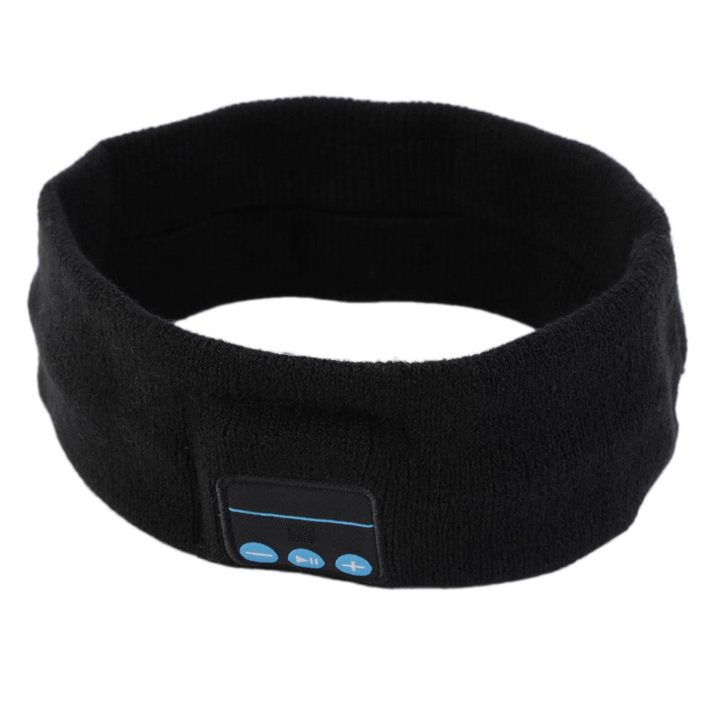Black fabric sports headband with integrated Bluetooth control panel featuring three blue playback buttons.