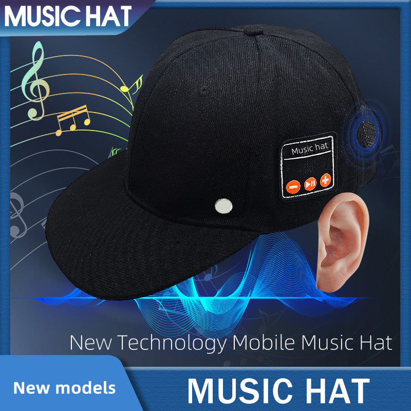 Black fabric baseball cap with built-in Bluetooth control panel on the side, featuring volume and play buttons.