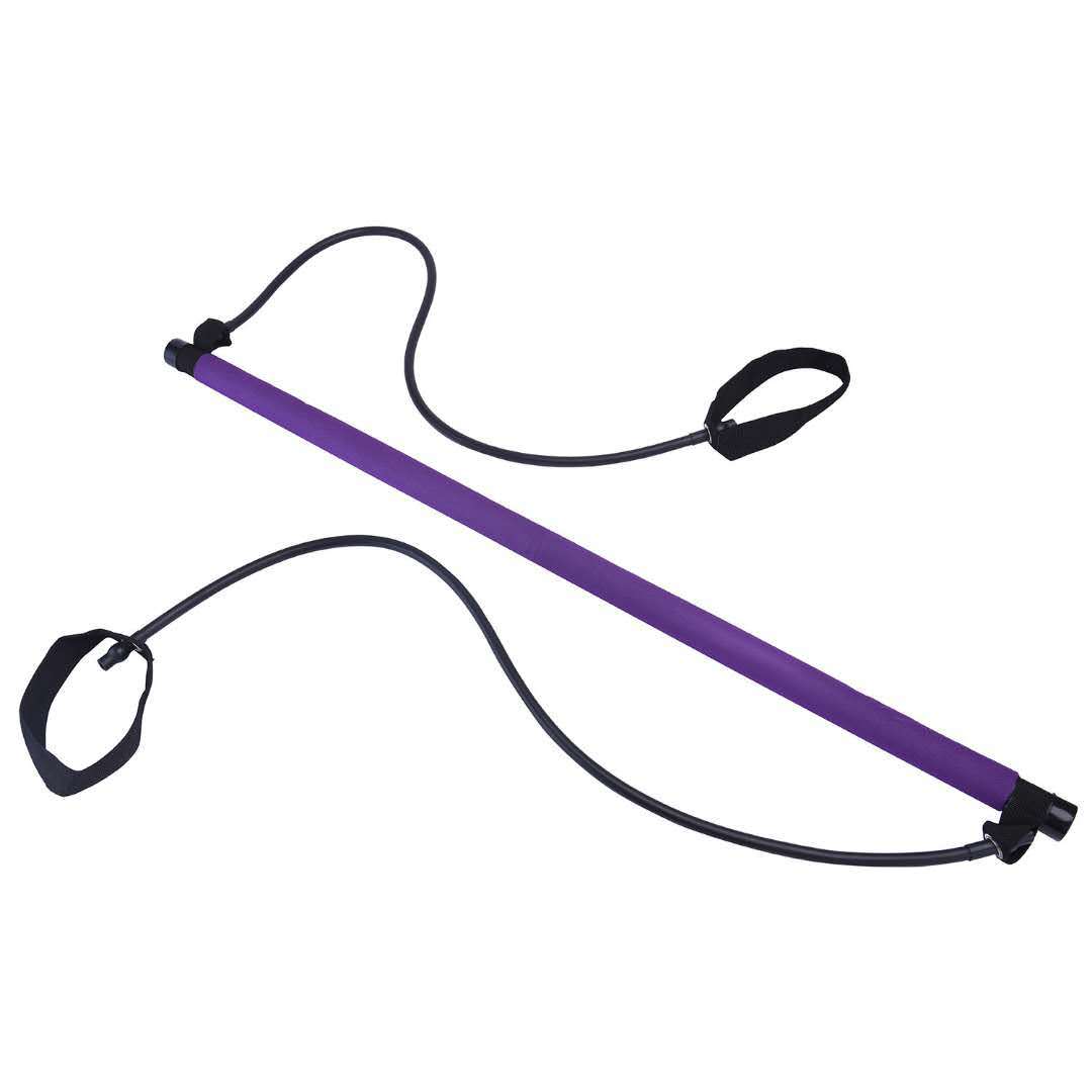 Purple foam-covered exercise bar with black elastic resistance bands and foot loops attached at both ends.