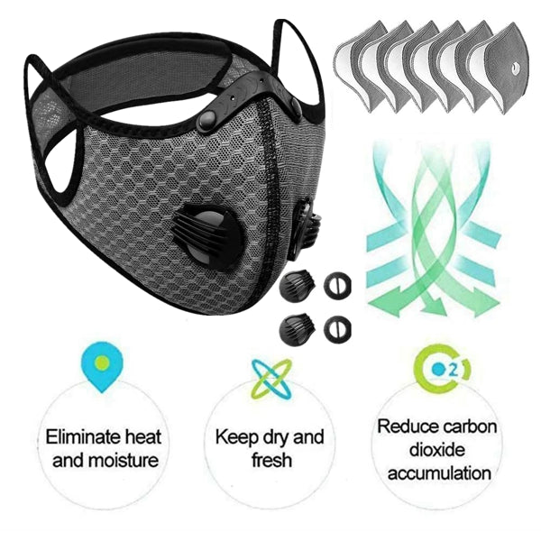 Grey mesh half-face cycling mask with black vents, ear loops, and five replacement filters for sports.