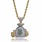 Gold-tone rope chain with an iced-out money bag pendant featuring pavé white crystals and green dollar sign accent.