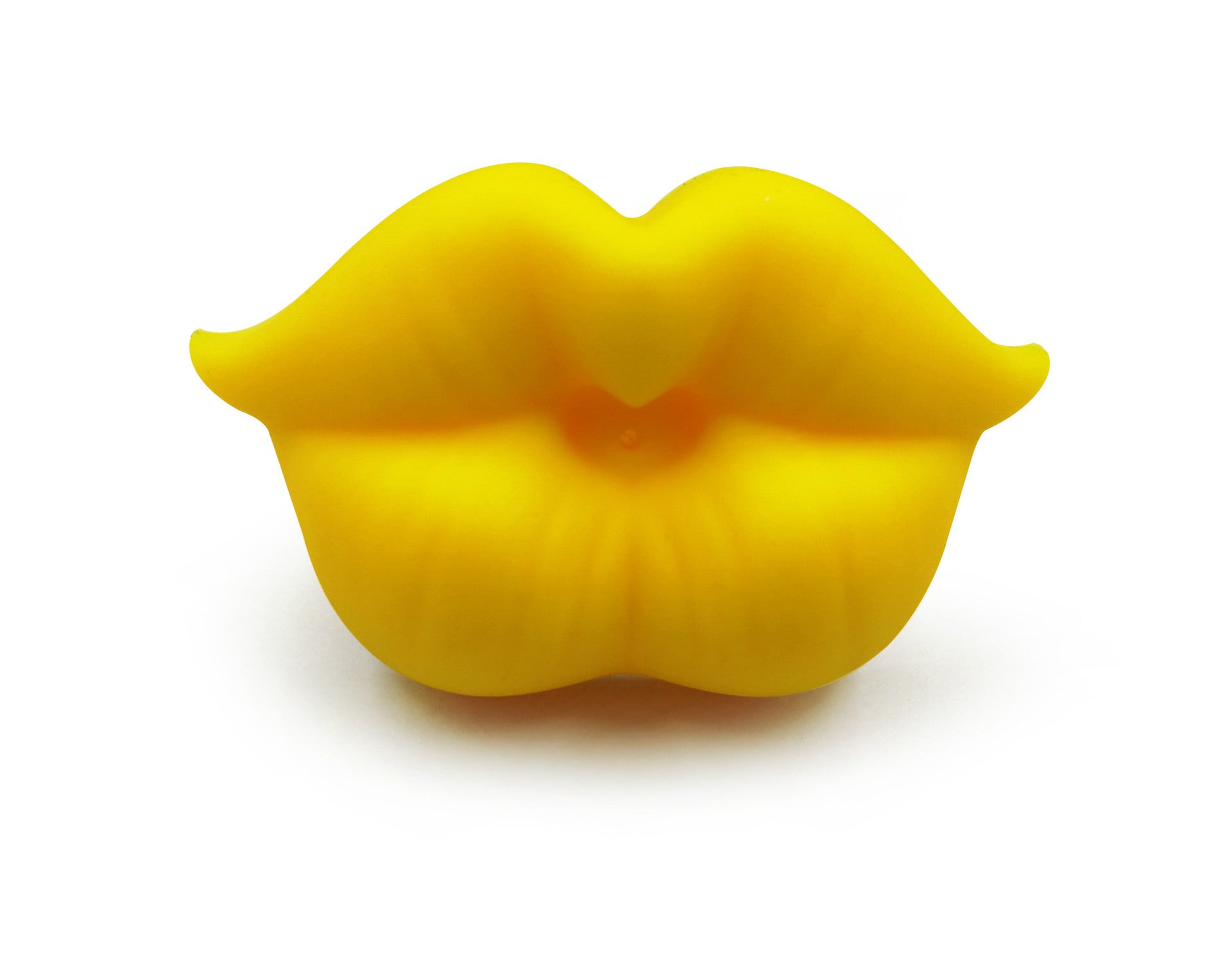 Bright yellow silicone baby pacifier shaped like puckered lips, isolated against a white background.
