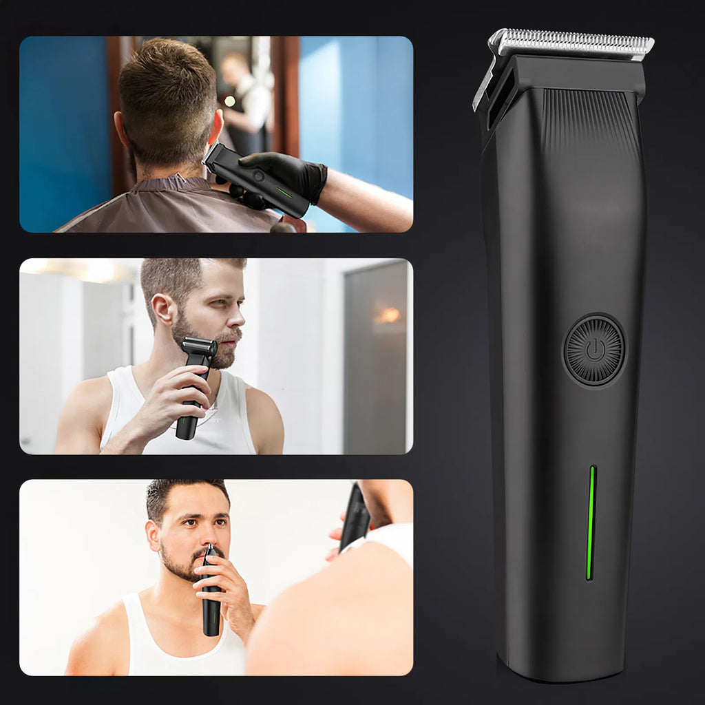Black 3-in-1 cordless beard and hair trimmer with silver metal blade, power button, and vertical green LED indicator.