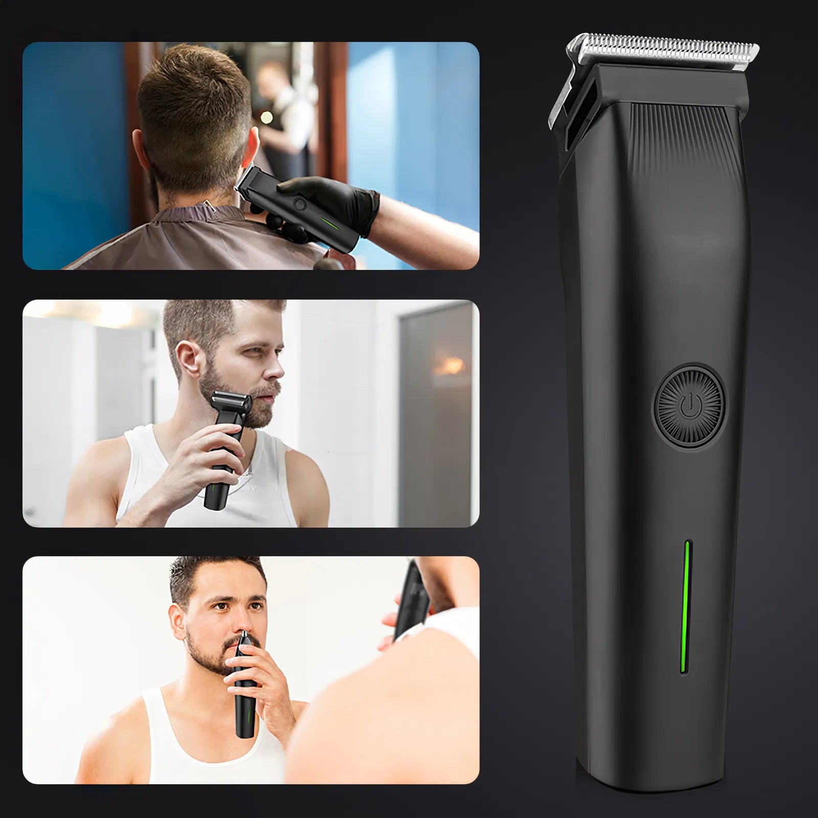 Black 3-in-1 cordless beard and hair trimmer with silver metal blade, power button, and vertical green LED indicator.