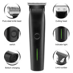 Black 3-in-1 electric trimmer with a steel blade, power button, green LED indicator, and bottom USB-C charging port.