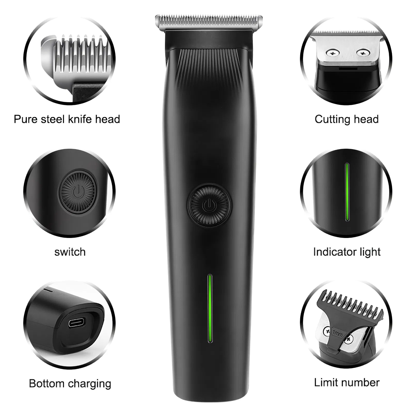 Black 3-in-1 electric trimmer with a steel blade, power button, green LED indicator, and bottom USB-C charging port.