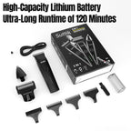Black 3-in-1 men’s grooming kit featuring a rechargeable trimmer, multiple heads, guide combs, and USB charging cable.