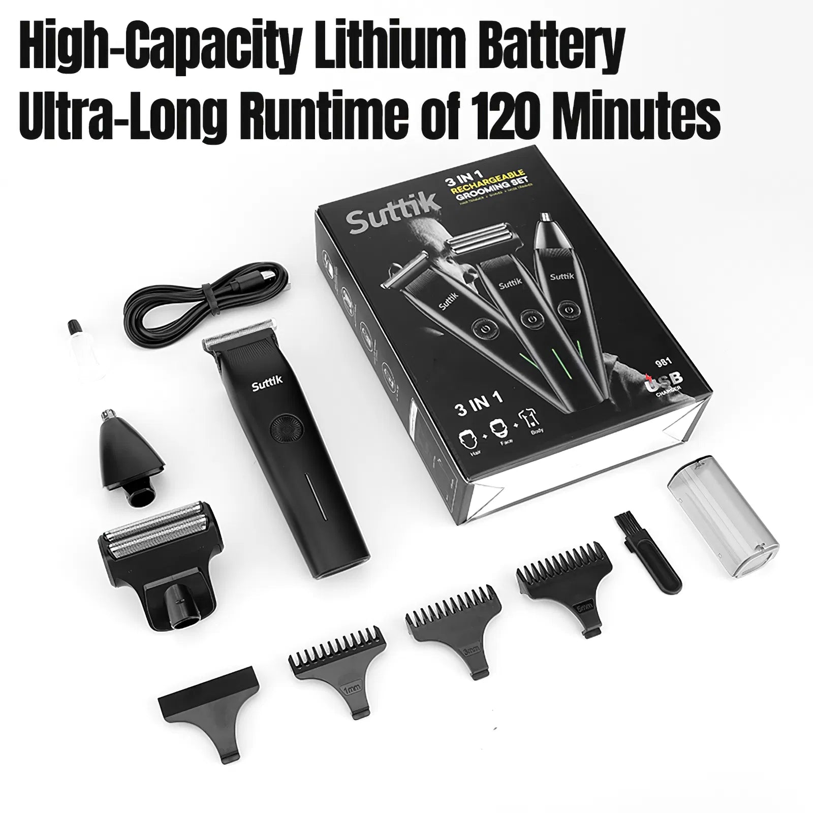 Black 3-in-1 men’s grooming kit featuring a rechargeable trimmer, multiple heads, guide combs, and USB charging cable.