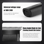 Black beard trimmer with USB-C charging port, universal voltage compatibility, and a sharp, smooth-gliding metal blade.