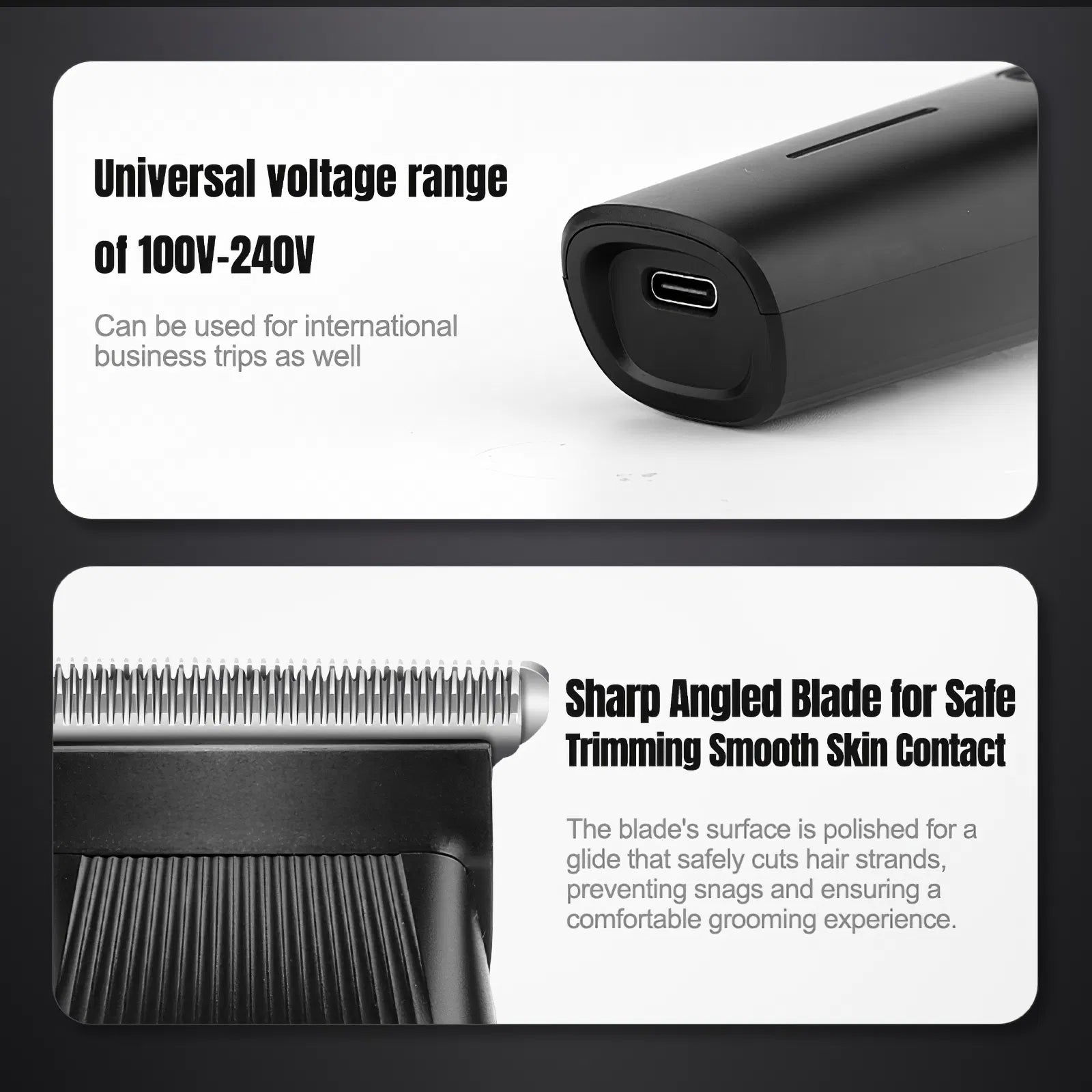 Black beard trimmer with USB-C charging port, universal voltage compatibility, and a sharp, smooth-gliding metal blade.