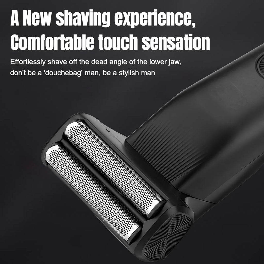 Close-up of a matte black electric shaver with dual silver foil heads against a dark background with white promotional text.