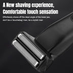Close-up of a matte black electric shaver with dual silver foil heads against a dark background with white promotional text.