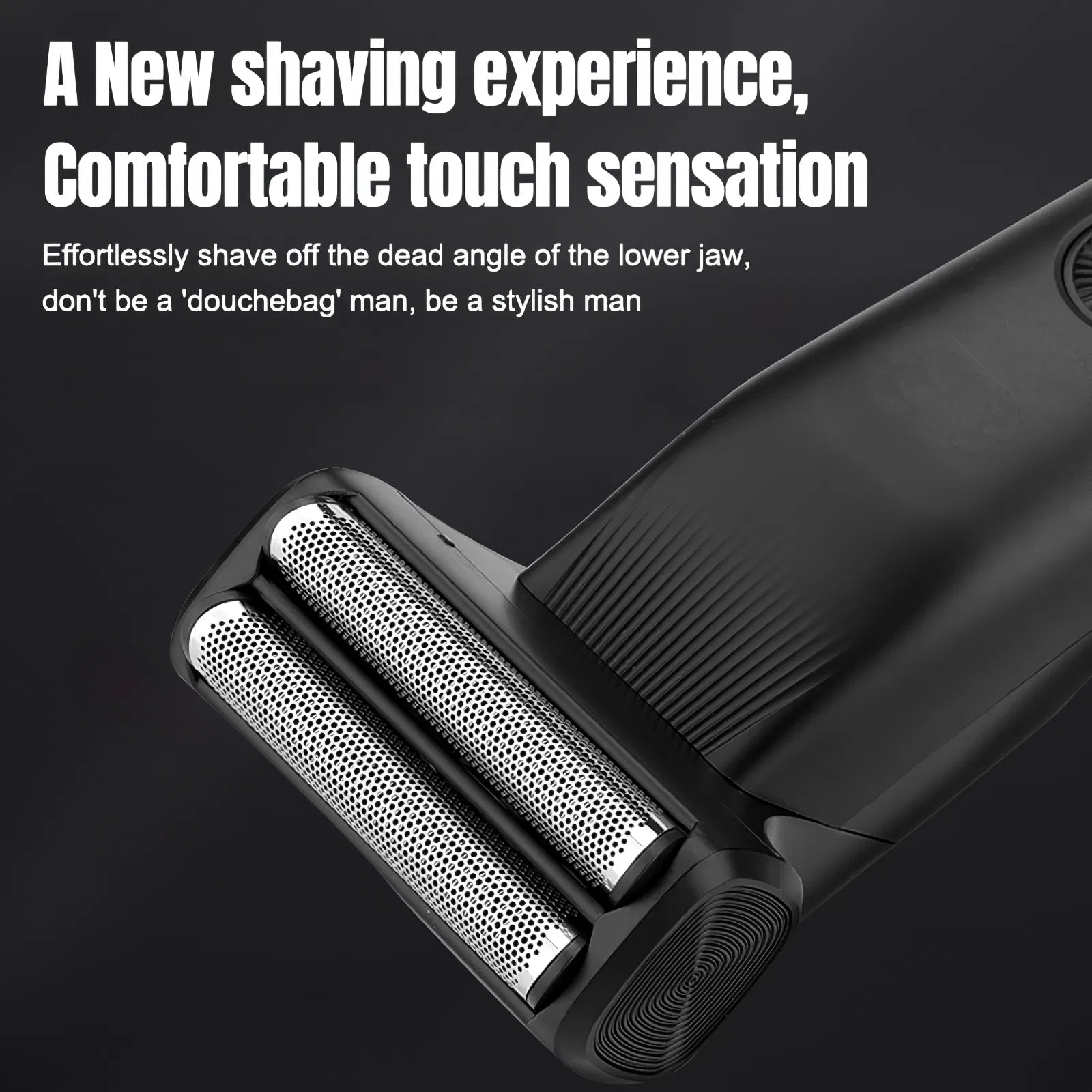 Close-up of a matte black electric shaver with dual silver foil heads against a dark background with white promotional text.