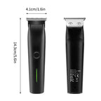 Black electric beard trimmer with silver blade, showing front and back views with dimensions in cm and inches.