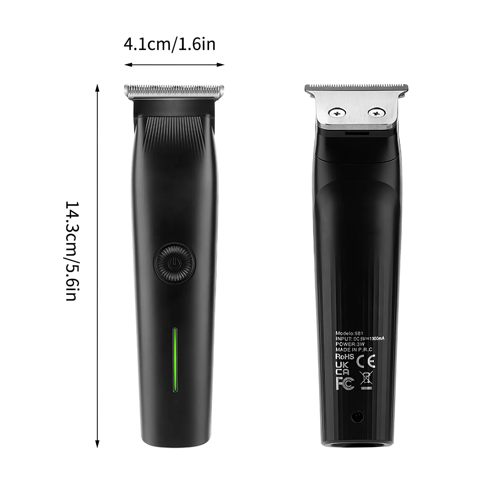 Black electric beard trimmer with silver blade, showing front and back views with dimensions in cm and inches.