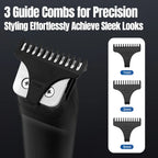 Black beard trimmer with metal blade and three plastic guide combs (1mm, 3mm, 5mm) for precise hair styling.