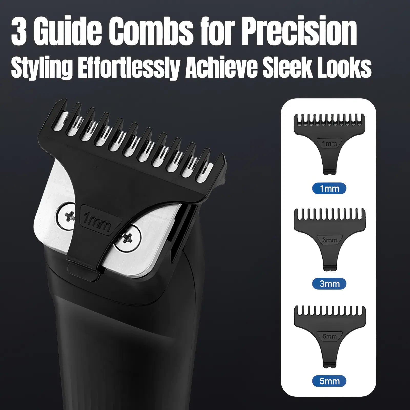 Black beard trimmer with metal blade and three plastic guide combs (1mm, 3mm, 5mm) for precise hair styling.
